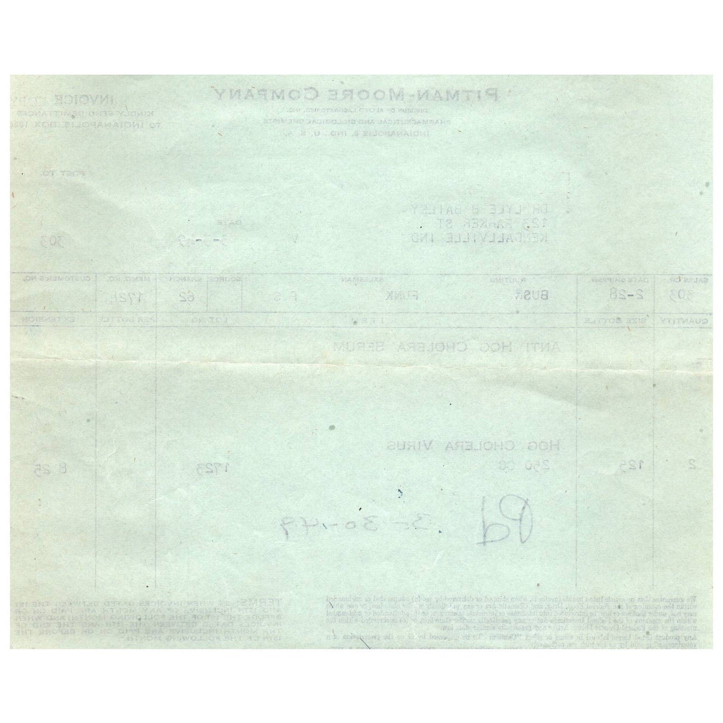 1949 Pitman-Moore Co Veterinary Hog Cholera Receipt Indianapolis IN AD8-2