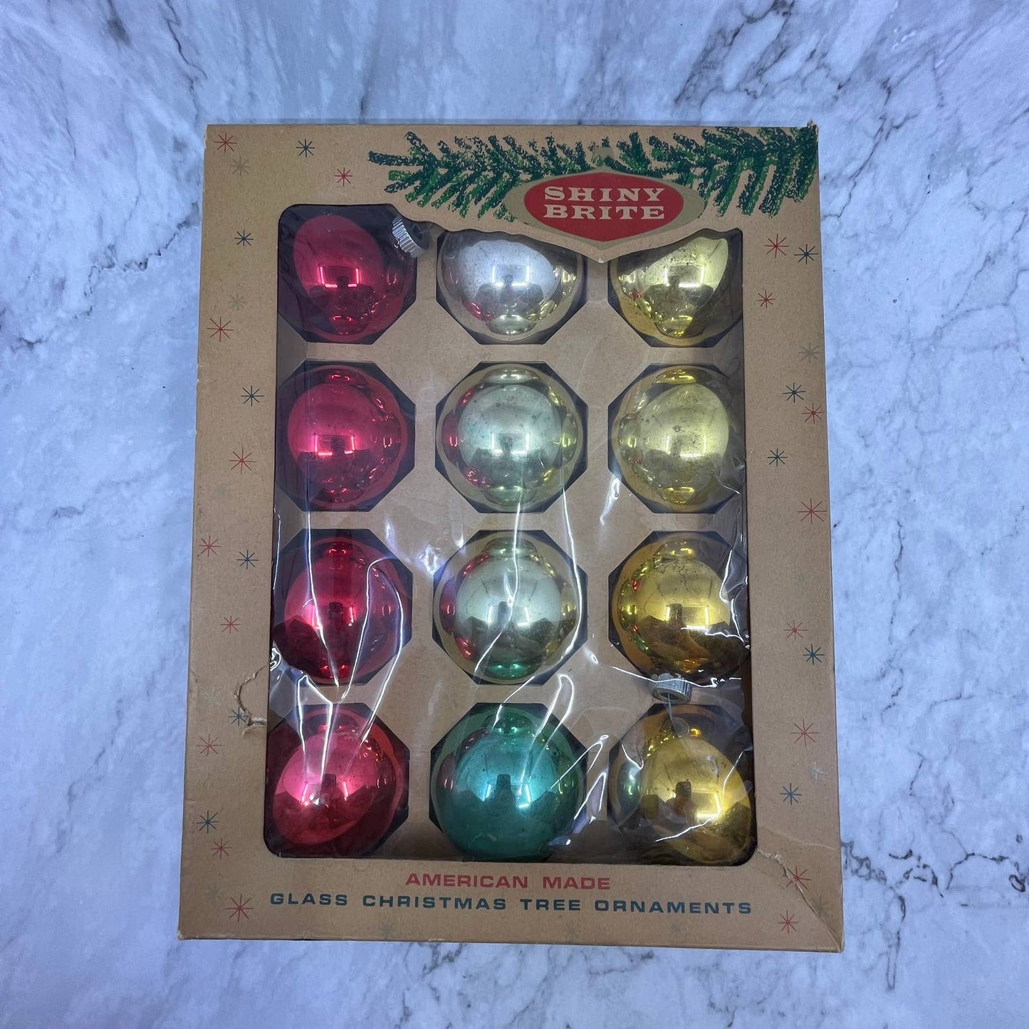 Shiny Brite 12 Vintage Mercury Glass Ornaments w/ Original Box Red Yellow Green