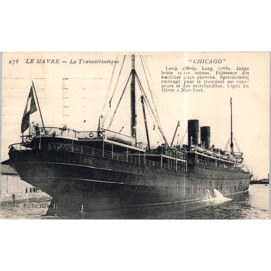 Le Havre Le Transatlantique Chicago Steamer Original Postcard TK1-P19