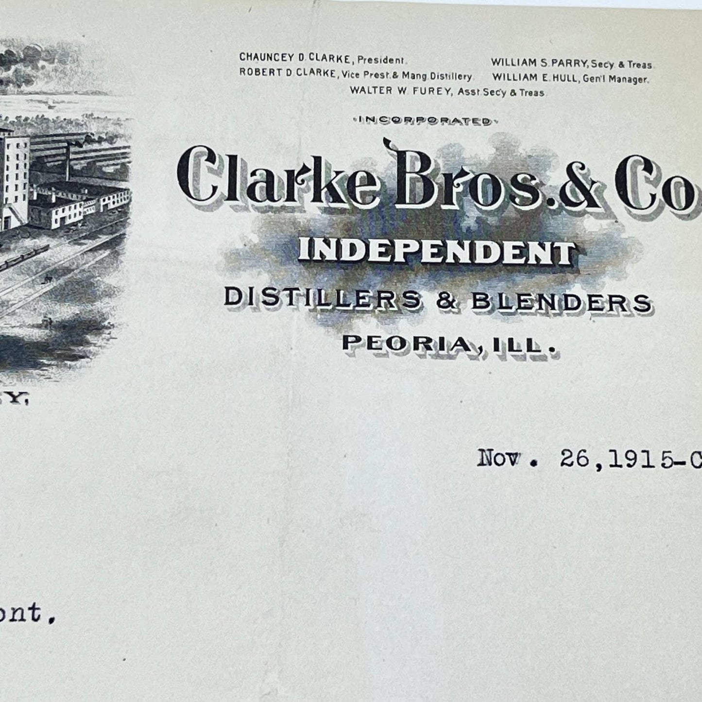 1915 Clarke Bros. & Co. Distillers & Blenders Letterhead Peoria IL AB5