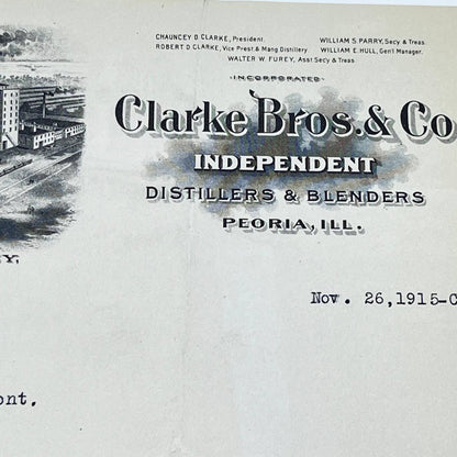 1915 Clarke Bros. & Co. Distillers & Blenders Letterhead Peoria IL AB5