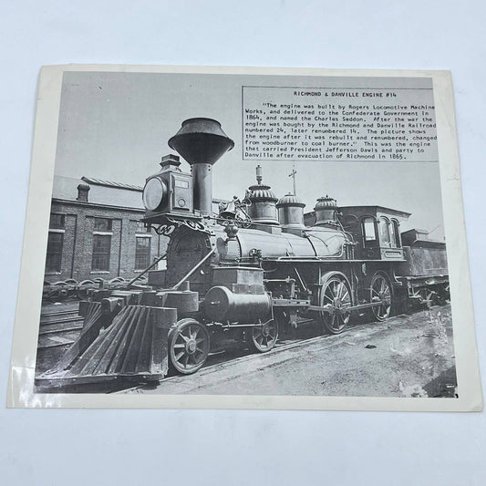 Vintage 8x10 Photo - Richmond & Danville Engine #14 Civil War Locomotive AA9