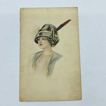 1910s Post Card Victorian Lady Bucket Hat Feather PA6