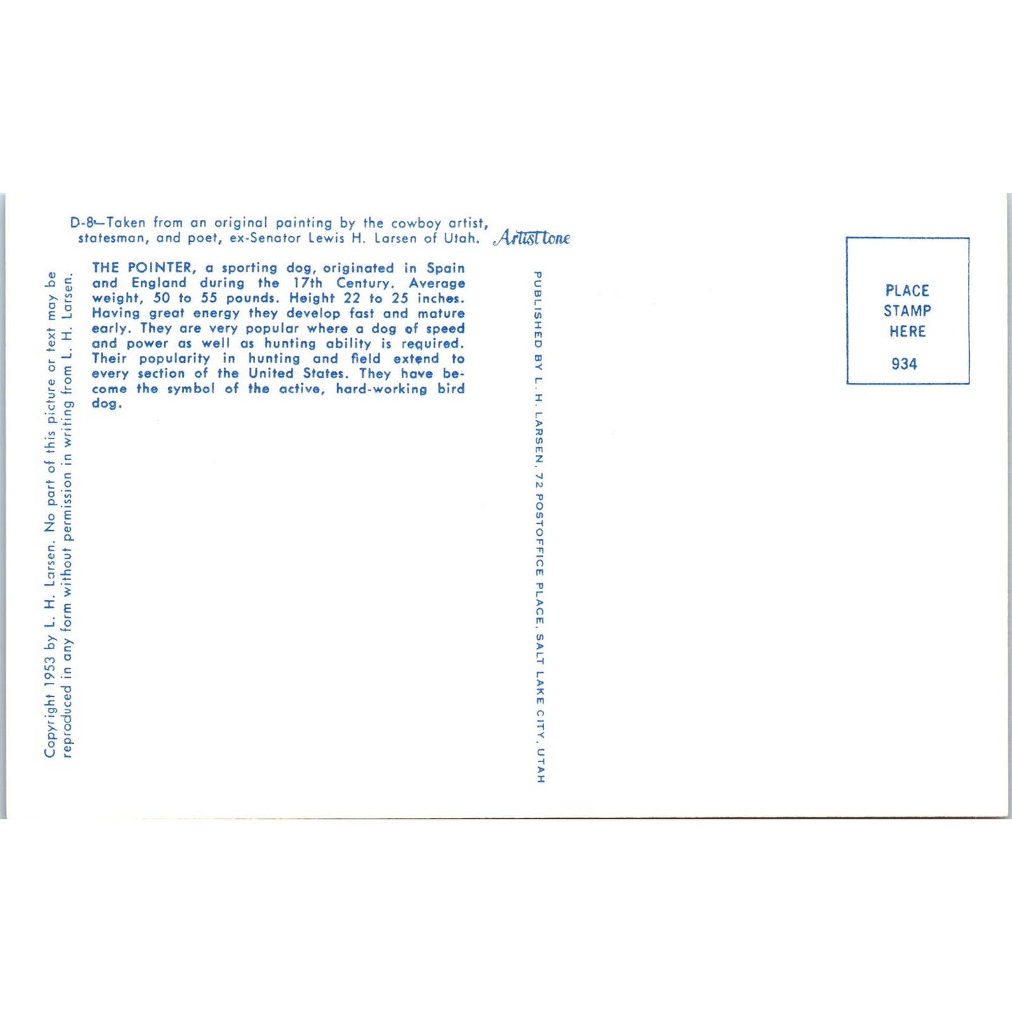 Lewis H. Larsen 1953 Pointer Dog Painting Original Postcard TK1-27