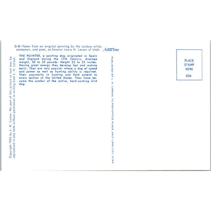 Lewis H. Larsen 1953 Pointer Dog Painting Original Postcard TK1-27