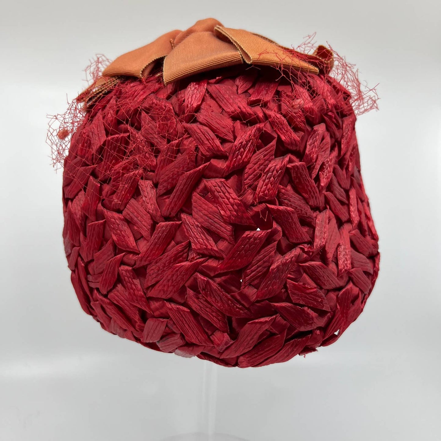 Vintage Red Straw Weave Bucket Hat With Orange Bow HB1