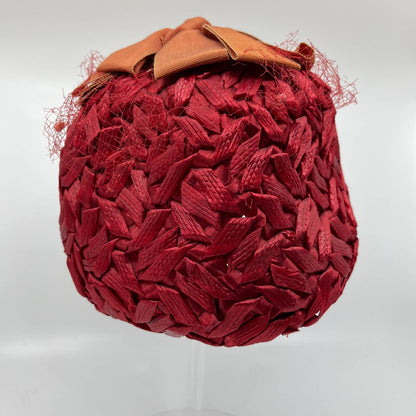 Vintage Red Straw Weave Bucket Hat With Orange Bow HB1