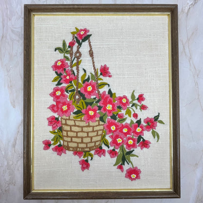 1970s Embroidery Crewel Wall Art Basket Of Pink Flowers Peonies 14.5x11.75"