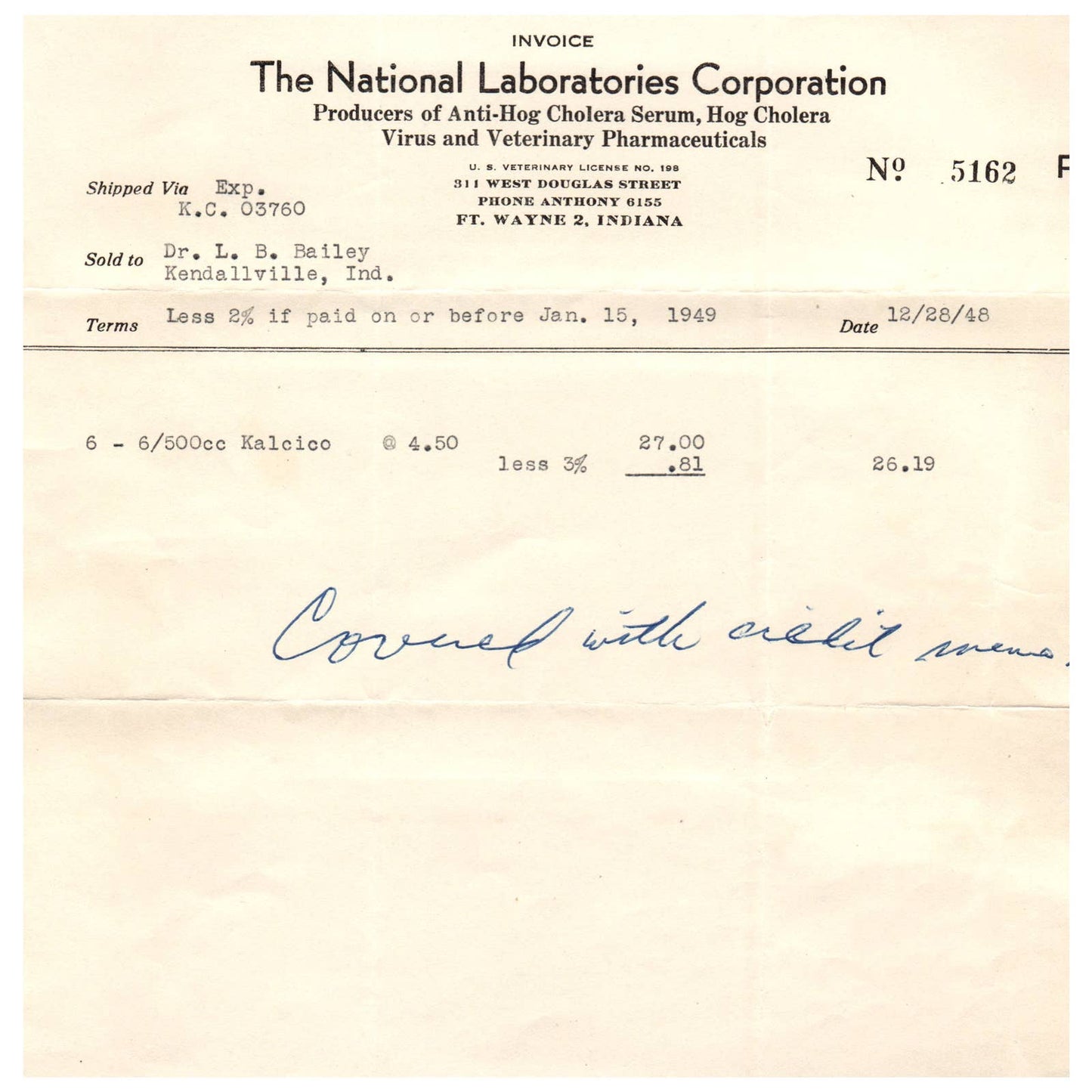 1948 The National Laboratories Corp Bill to Dr L.B. Bailey Kendallville IN AD8