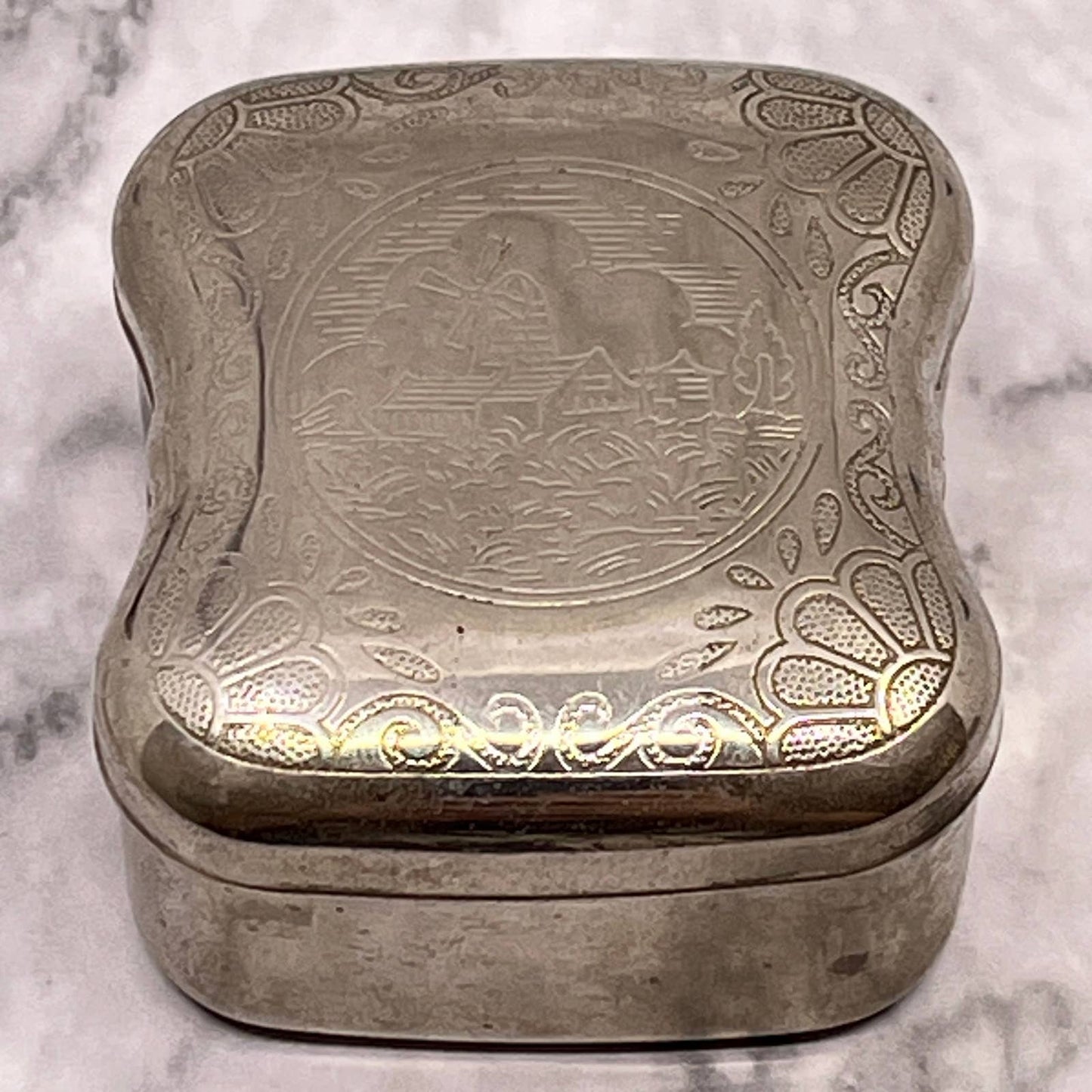 Small Trinket Etched Dutch Windmill Pill Box Silver Tone SA2