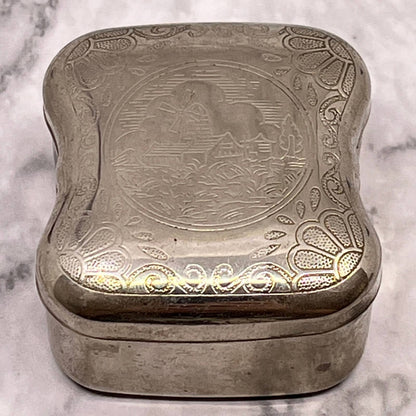 Small Trinket Etched Dutch Windmill Pill Box Silver Tone SA2