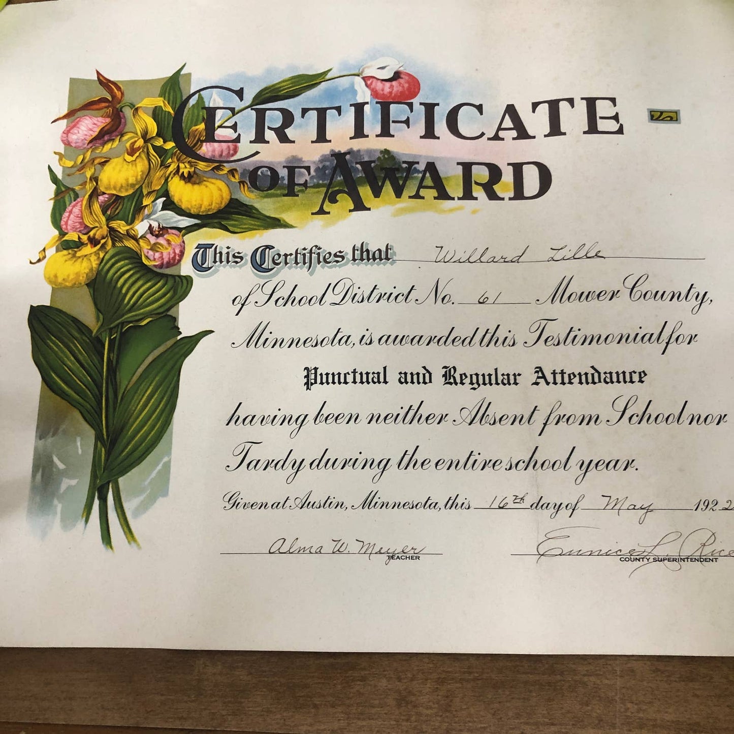 1922 Neither Absent Nor Tardy Certificate of Award Willard Lillie Austin MN