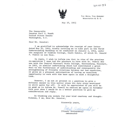 The Royal Thai Embassy Letterhead Memo Visutr Arthayukti May 1963 TK1-P11