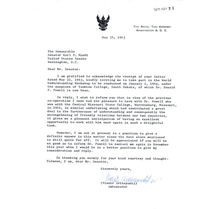 The Royal Thai Embassy Letterhead Memo Visutr Arthayukti May 1963 B15