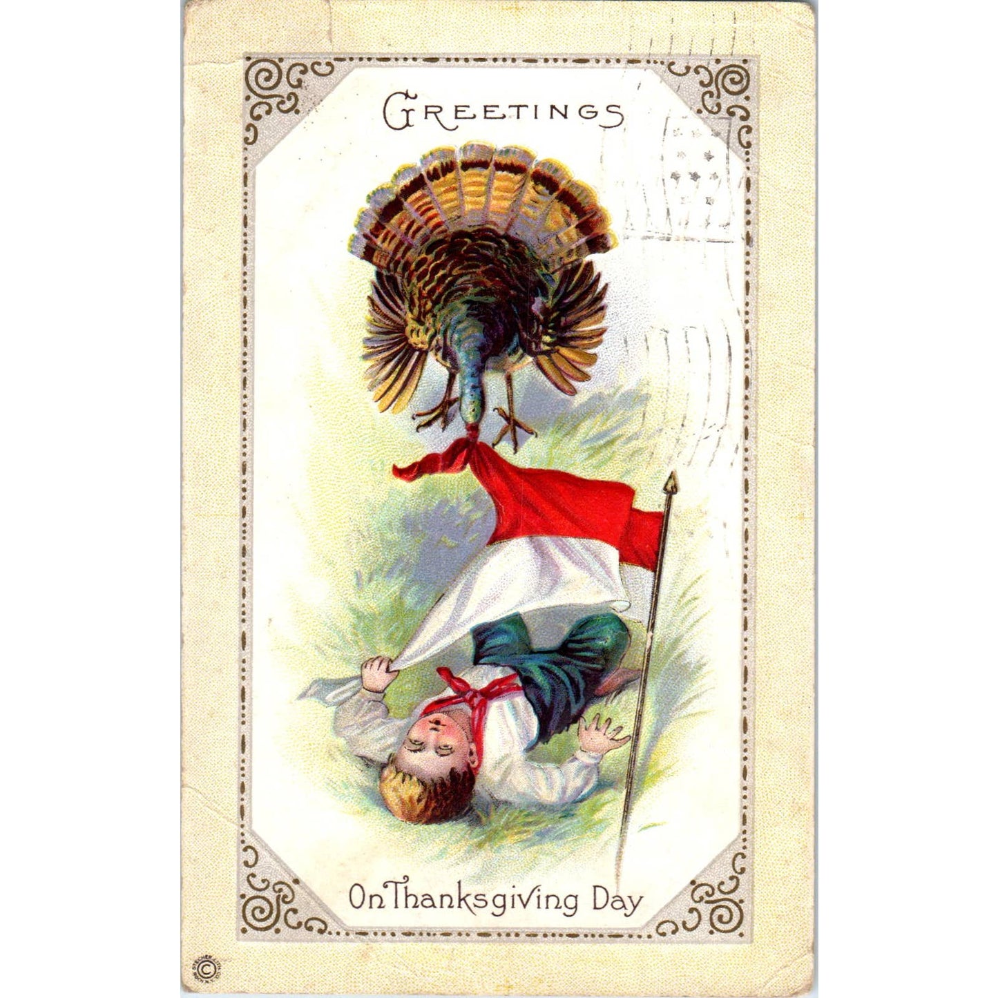 Thanksgiving Embossed Little Boy & Turkey 1916 Original Postcard TK1-22