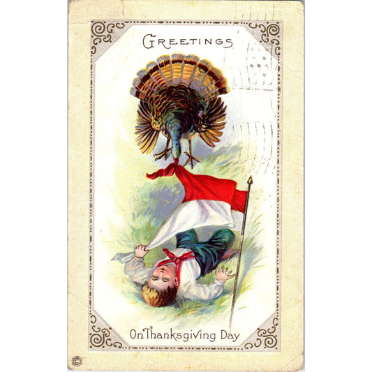 Thanksgiving Embossed Little Boy & Turkey 1916 Original Postcard P1-14