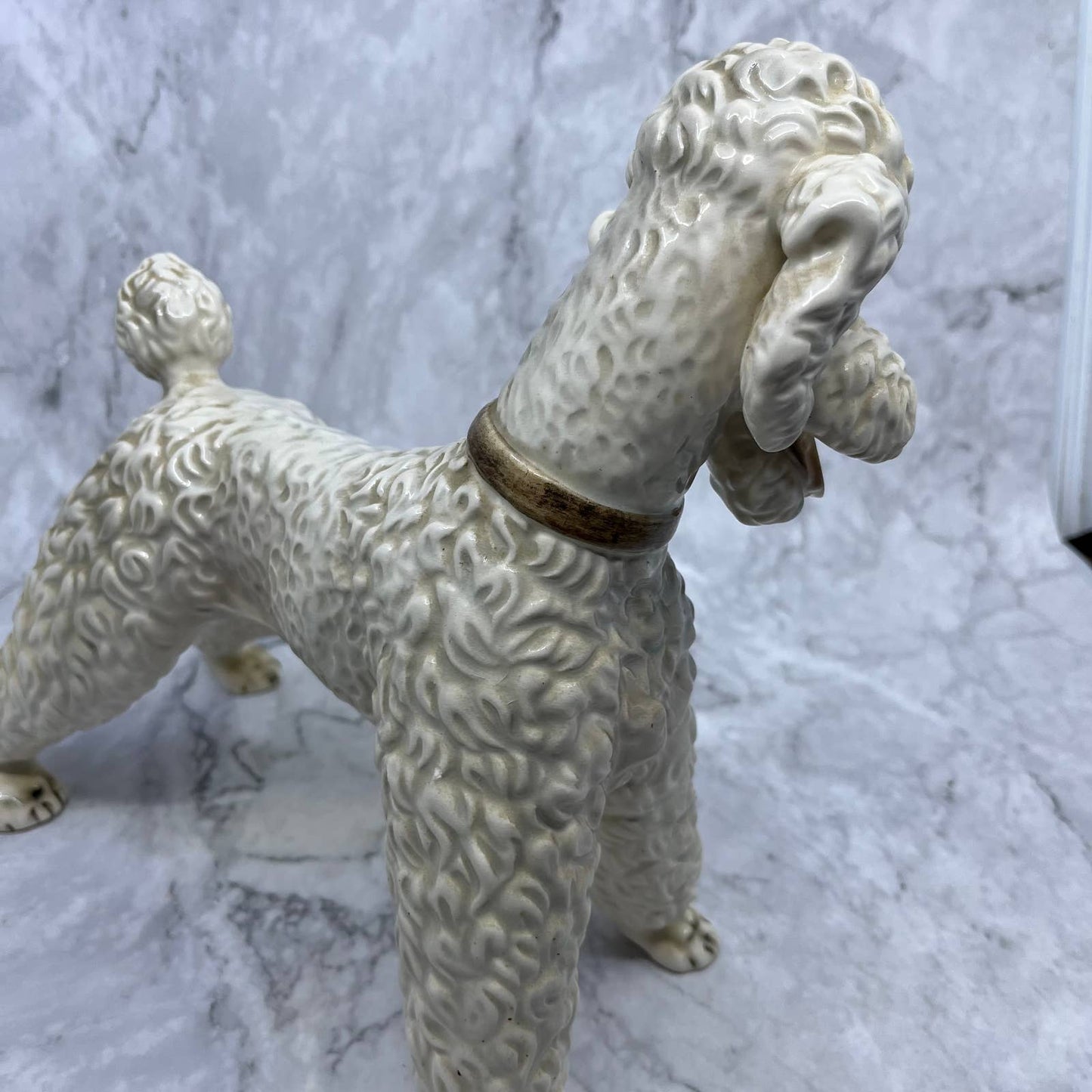 Vintage Large Porcelain Poodle Dog Figurine White w/ Brown Collar 10.5x9.25 TI9