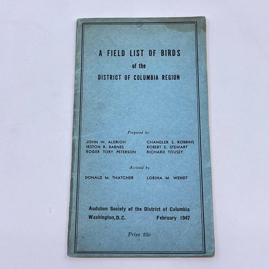 1947 Field List of Birds of the District of Columbia Region Audubon Society TF9