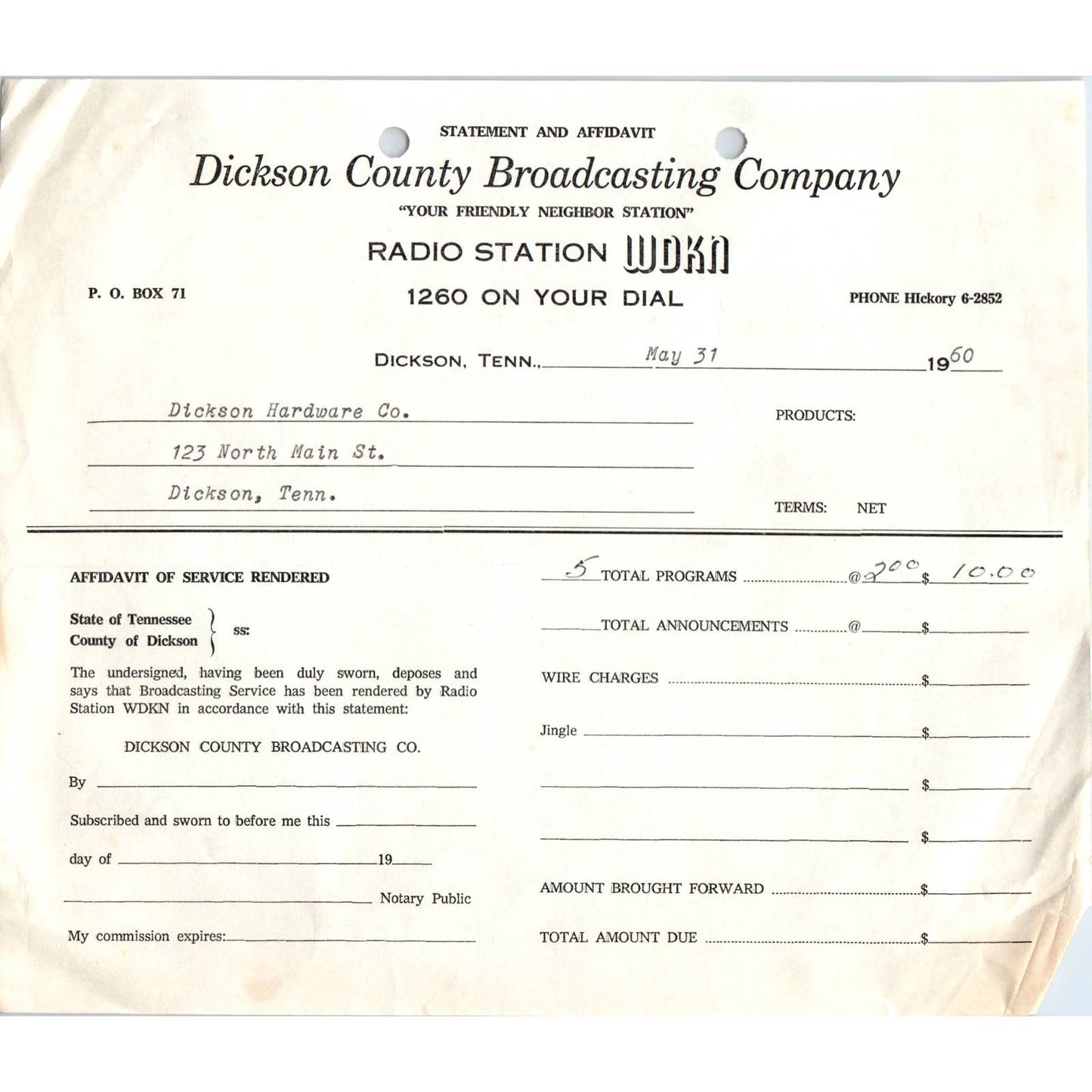 1960 Dickson County Broadcasting Co Radio Station WDKN Billhead Dickson TN AD5