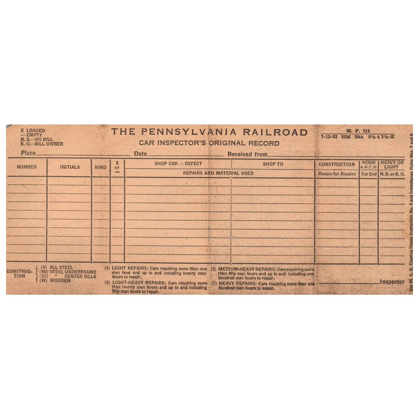 1934 The Pennsylvania Car Inspector's Original Record Blank Form AD8