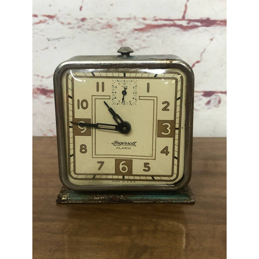 Antique 1931 Ingersoll Teal Square Wind Up Alarm Clock USA