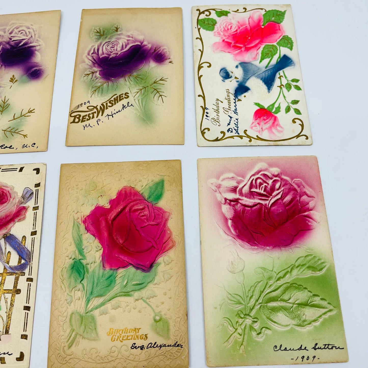 1910s Birthday Post Card Lot of 8 Airbrushed Floral Flower Embossed Cards TD1-AB