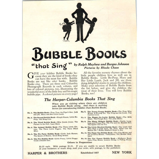 Bubble Books That Sing - Ralph Mayhew Burgess Johnson - 1921 Original Ad TJ7-L