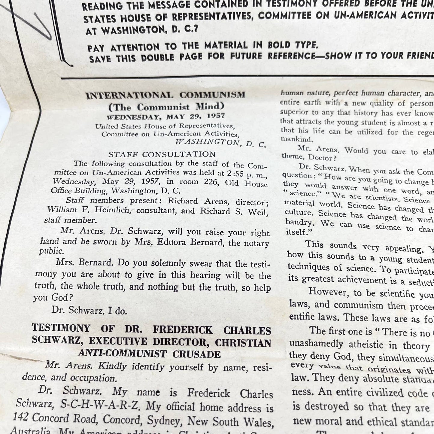 1957 Large Fold Out Anti Communism Crusade Reprint of Dr. Schwartz Testimony AB3