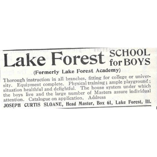 Lake Forest School for Boys Joseph Curtis Sloane Lake Forest IL 1903 Ad TJ8-7-1