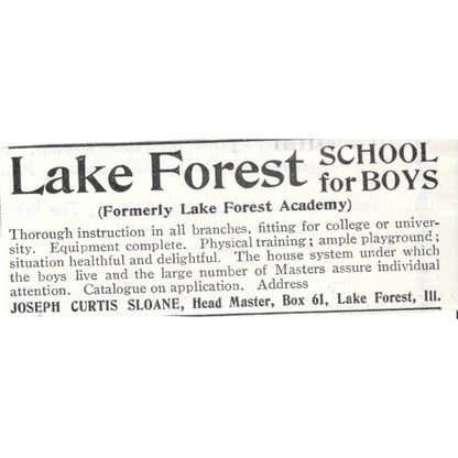 Lake Forest School for Boys Joseph Curtis Sloane Lake Forest IL 1903 Ad AK5-S35