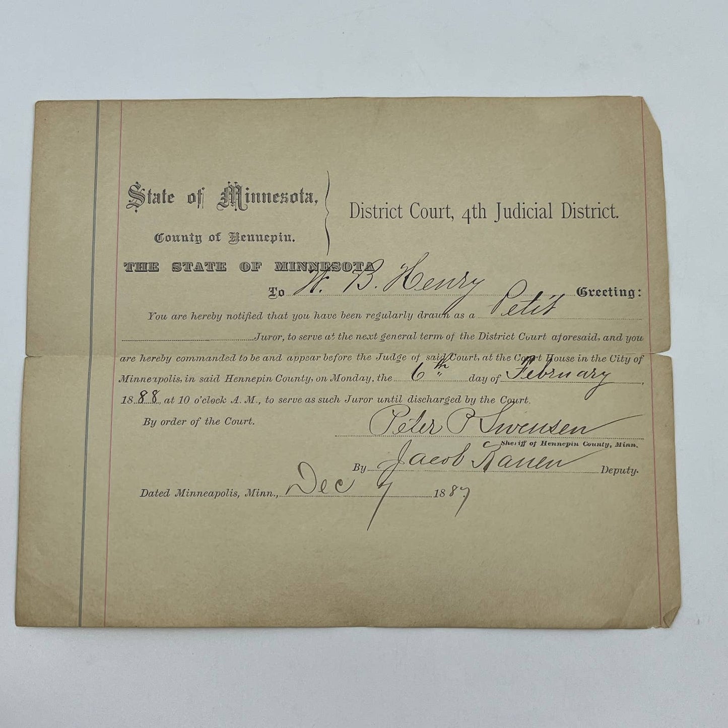 1889 Minnesota Jury Duty Notice Hennepin County 4th Judicial District AB7