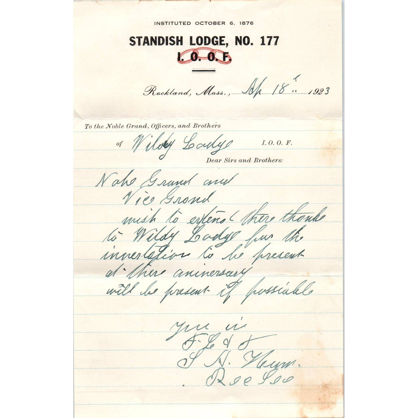 1923 IOOF Odd Fellows Standish Lodge No. 177 Rocckland Mass Letterhead Memo SE5