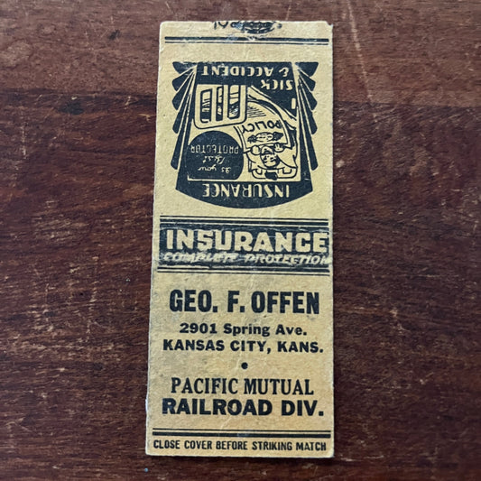 Geo. F. Offen Ins. Kansas City KS Advertising Matchbook Cover MM11-6