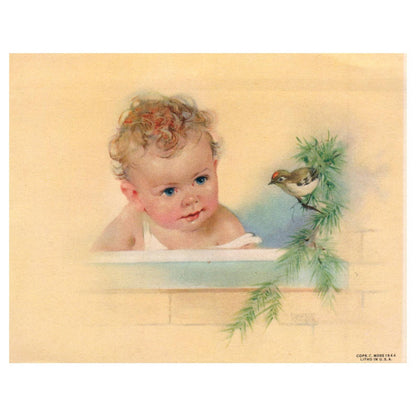 1944 Lithograph Art Print Eleanor Kroger An Early Caller Baby & Bird 4x5  SE4