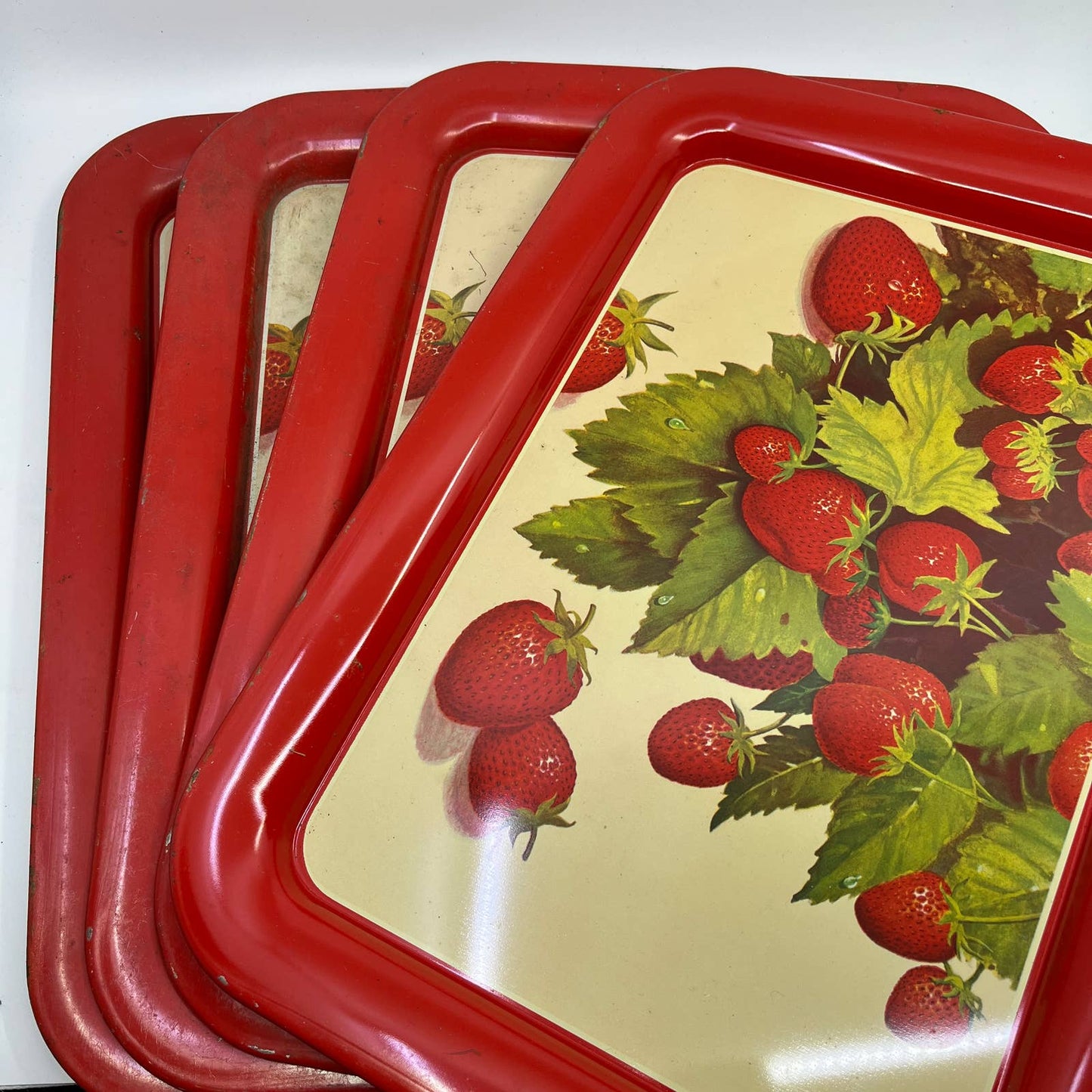 1940s Toleware Tin Enamel Strawberry Dinner Tray Set OF 4 - 17.5 x 13 TH2-1