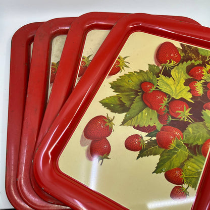 1940s Toleware Tin Enamel Strawberry Dinner Tray Set OF 4 - 17.5 x 13 TH2-1