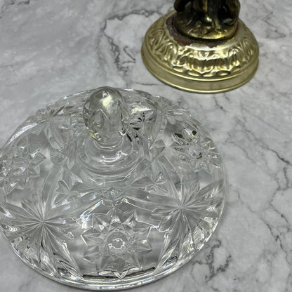 Vintage Brass Cherub Crystal Pedestal Compote w/ Lid Hollywood Regency 12x7 TB4