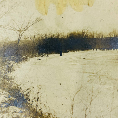 Early 1900s RPPC Portrait People Walking on Frozen Lake in Winter PA9