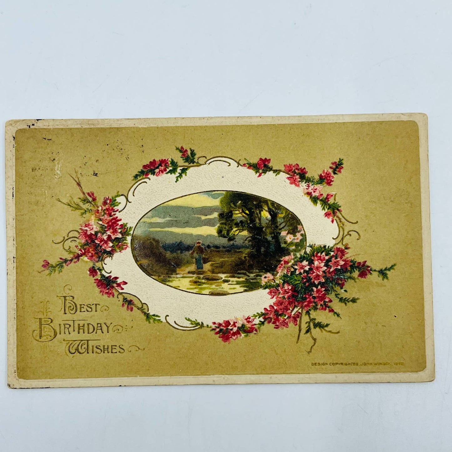 1910s Birthday Post Card WINSCH Back Art Nouveau Country River Scene PA5