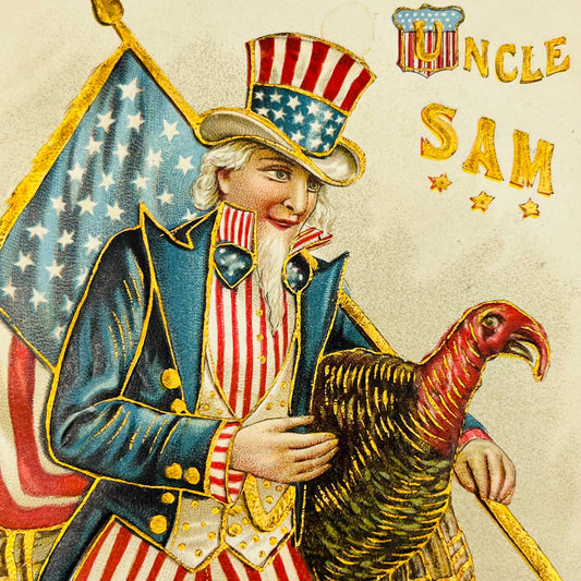 1908 Thanksgiving Post Card Uncle Sam Turkey Dresden Gilt Embossed Flag PA3