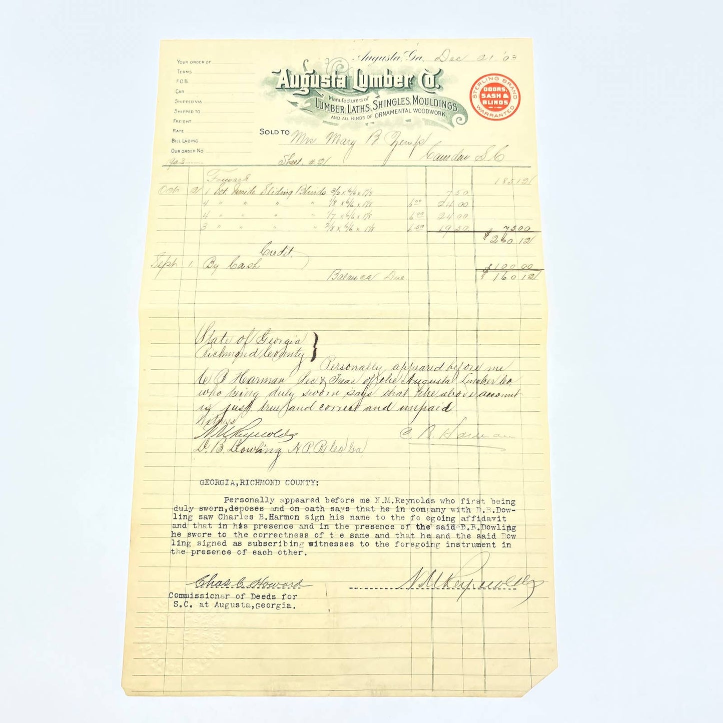 1903 Augusta Lumber Co. Letterhead Bill Head Receipt Augusta GA AB9-2