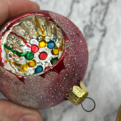 Vintage Lot of 2 Recessed Mercury Glass Ornaments Red Gold Mica OT1