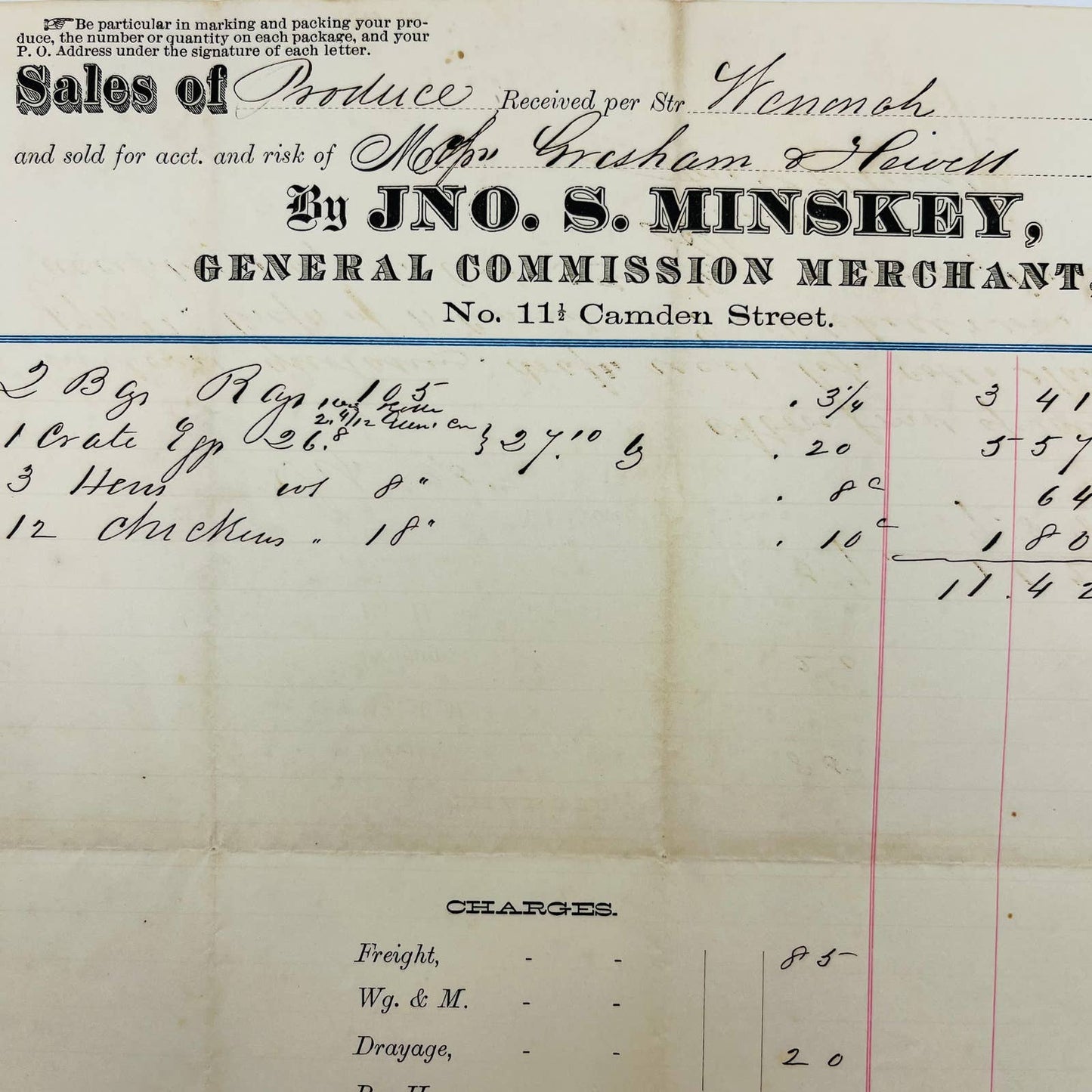 1880 Jno S Minskey 11 Camden St Baltimore MD Billhead Letterhead Receipt AA4