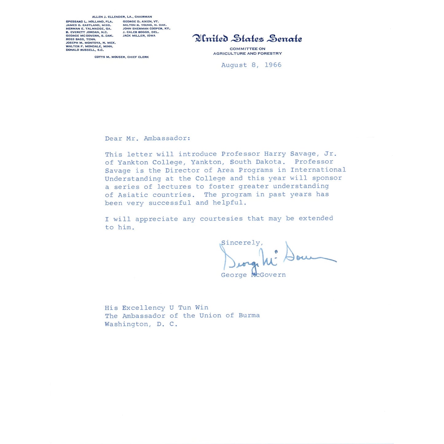 George McGovern Signed Letter on United States Senate Stationery 1966 B11