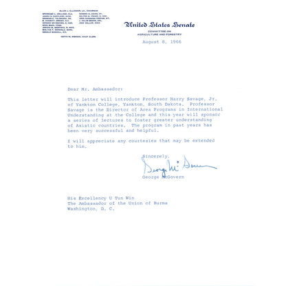 George McGovern Signed Letter on United States Senate Stationery 1966 B11