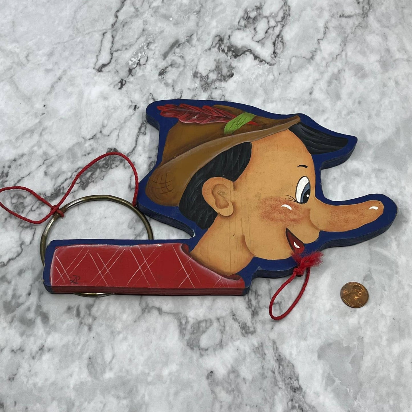 1930s RARE Disney Pinocchio Handmade Solid Wood Painted Ring Toss Toy ~9x6 TJ6