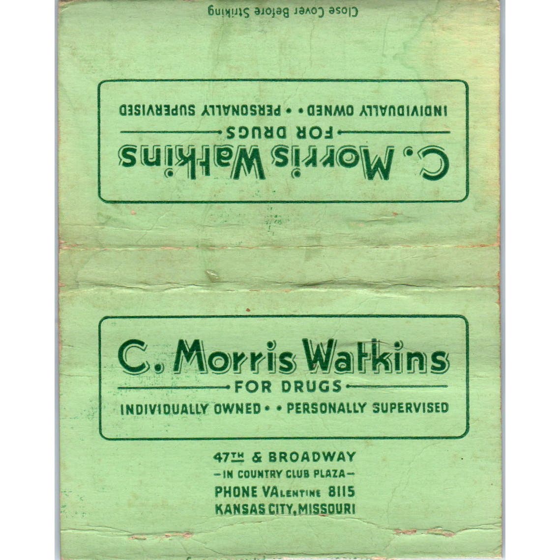 C. Morris Watkins Pharmacy Kansas City MO Wide Advertising Matchbook SA9-M7