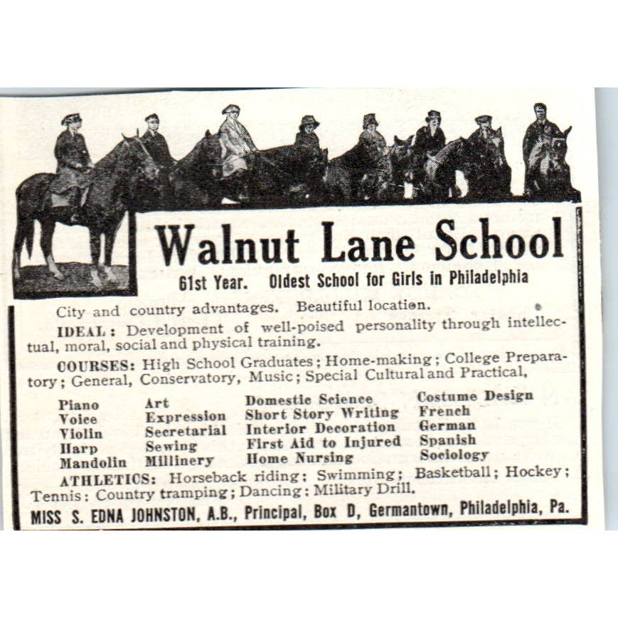 c1920 Harper's Ad - Walnut Lane School for Girls S. Edna Johnson Germantown EA3