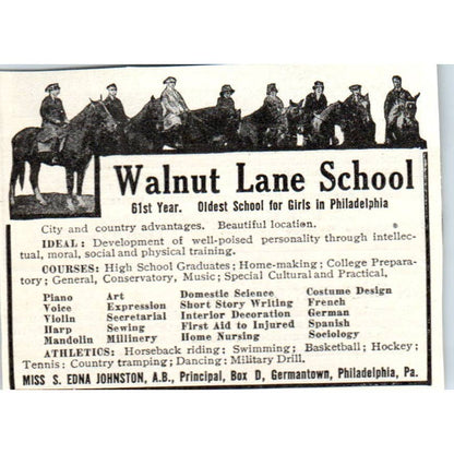 c1920 Harper's Ad - Walnut Lane School for Girls S. Edna Johnson Germantown EA3