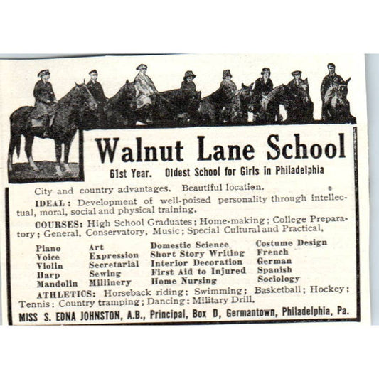 c1920 Harper's Ad - Walnut Lane School for Girls S. Edna Johnson Germantown EA3
